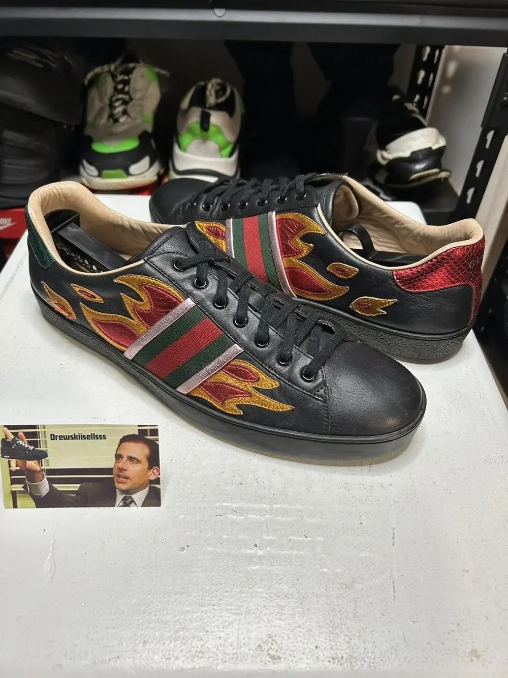 Gucci Ace Flame Black Leather Sneakers Size 11G / 11.5 US Mens
